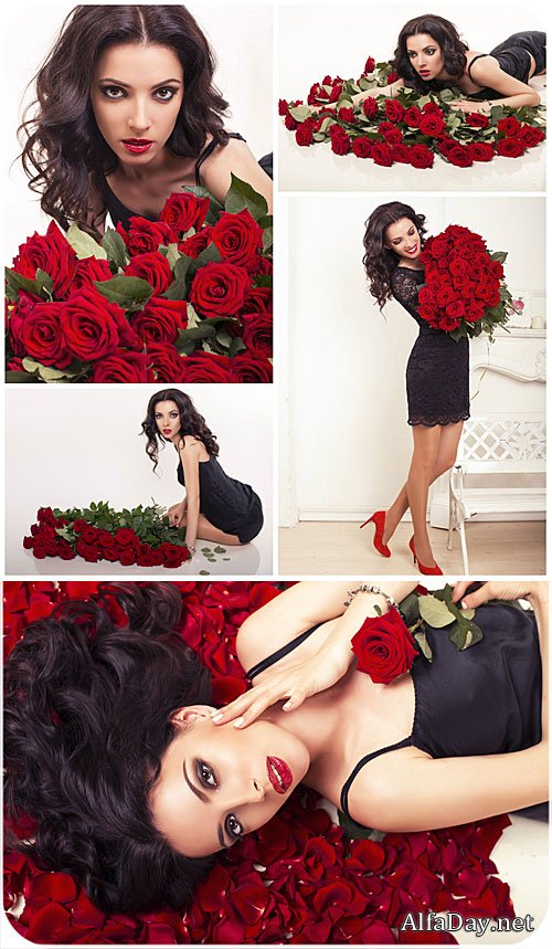 ������� � ������ ������, ������� ���� / Girl in black dress, red roses - Stock Photo