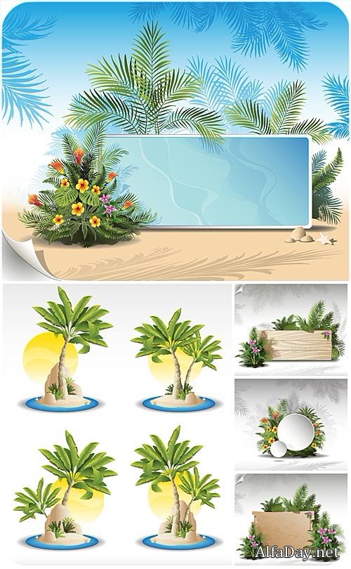 ������� ������ � �������� � ������������� ������� / Marine background with palm trees and exotic flowers