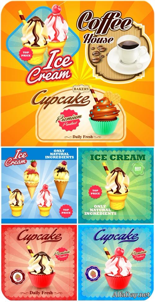 ��������� � ����� � ������� / Ice cream and cupcakes vector