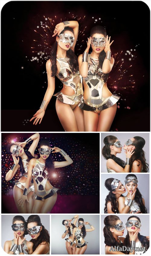 ��������� ������� � ������ / Glamour girls in masks - Stock photo