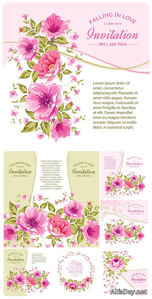 ��������� ����������� � �������, ��������� ���� / Wedding invitation with flowers, vector backgrounds