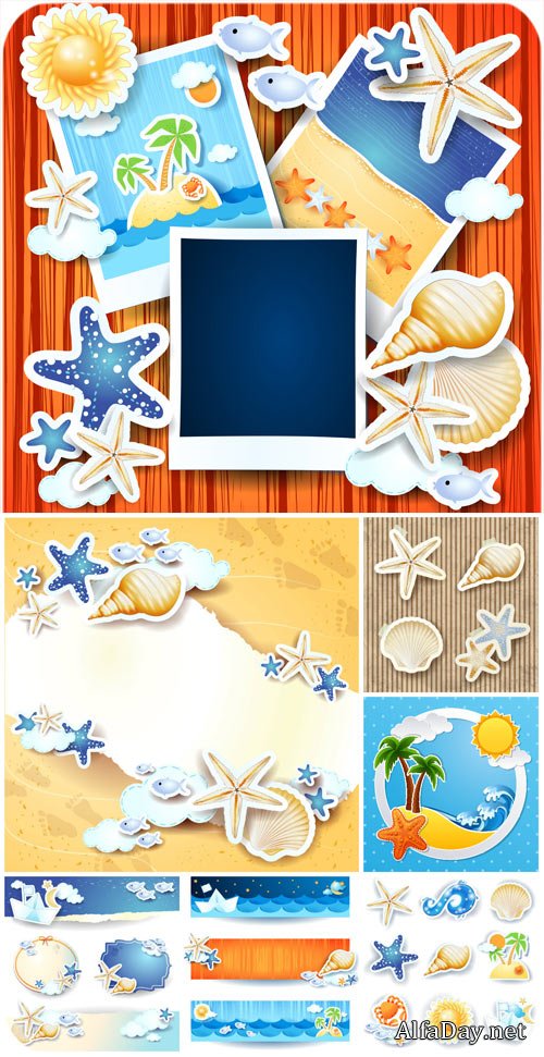 ��������� ������� ��������, �������� / Vector marine elements, cards