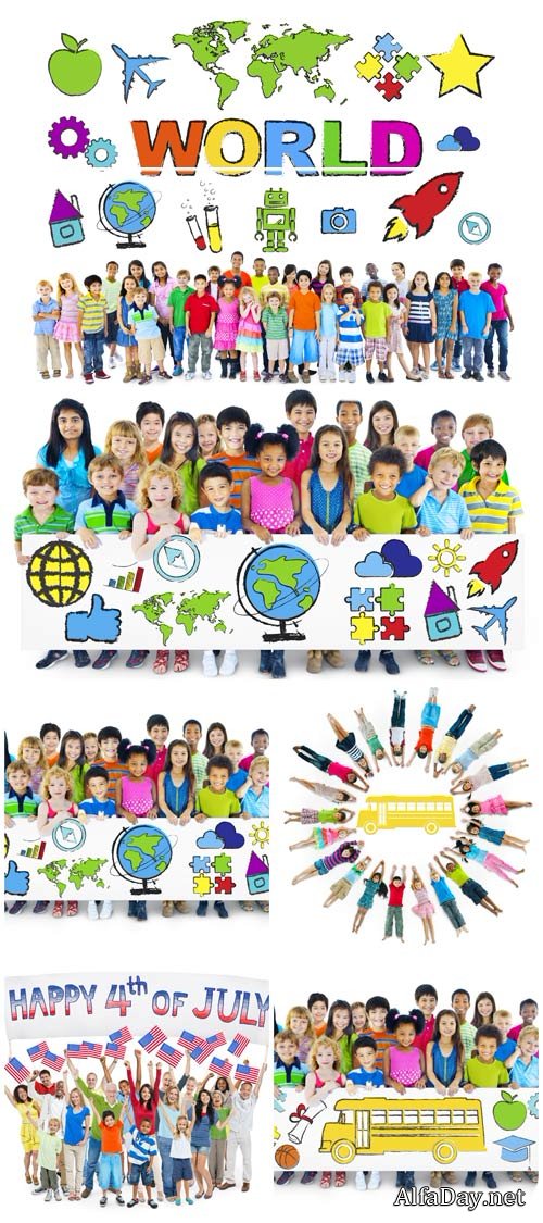 ���� ������ ����� ���� � ��������� / Children around the world with posters - Stock photos