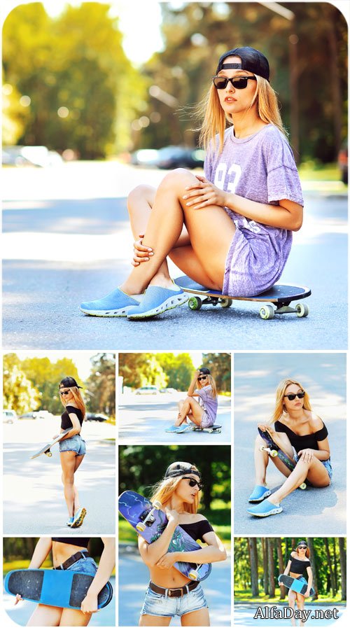 ������� �� ������� / Girl with skateboard - Stock photo
