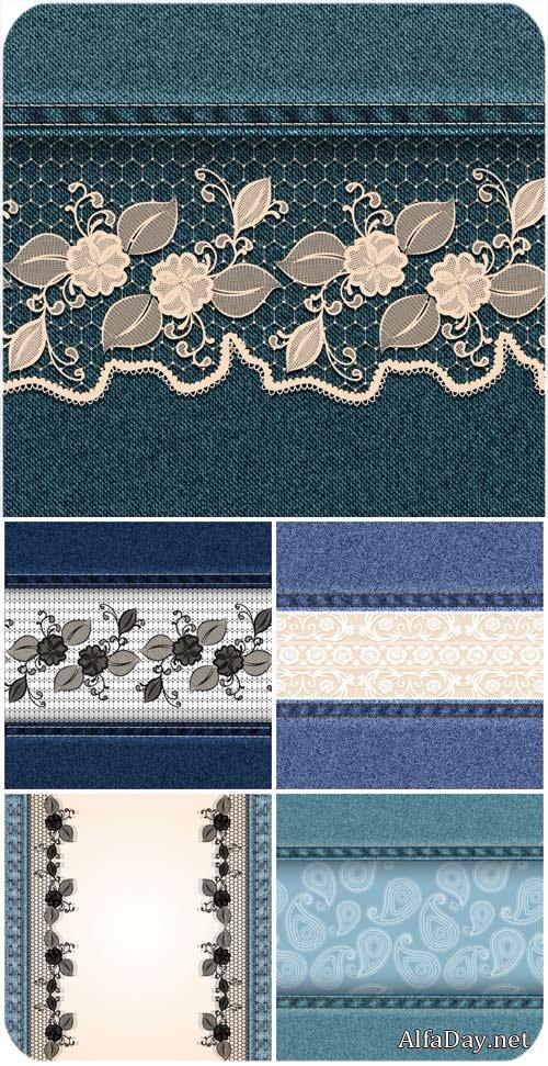 ��������� ��������� �������� � ���������� ������� / Vector denim texture with floral patterns