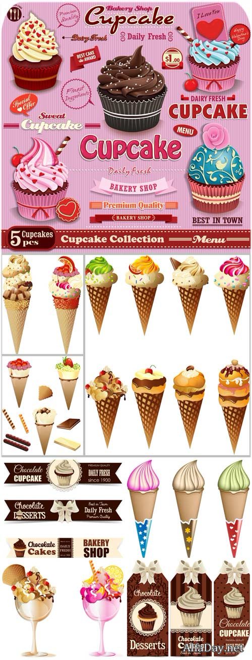 ���������, ����� � ������� / Ice cream, cupcakes vector