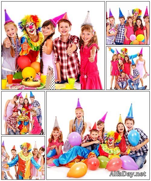 Birthday party group of teen with clown - Stock Photo