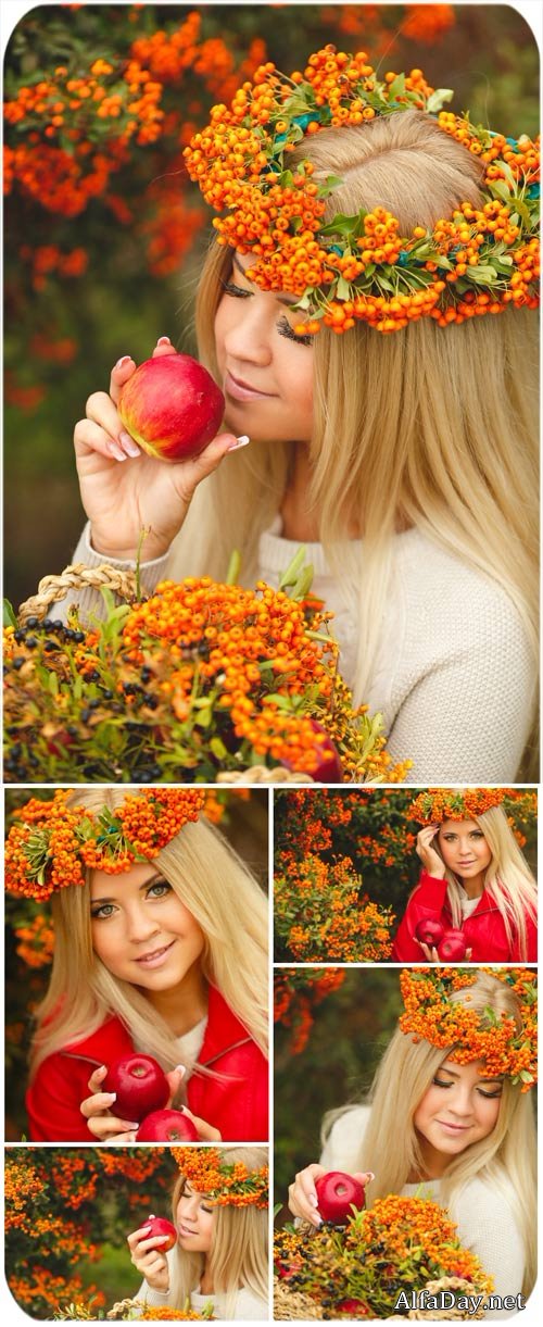 ������� � ����� � ������ / Girl in a wreath with rowan - Stock photo