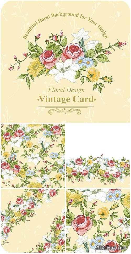 ��������� ��������� ���� � �������, ���� / Vintage vector background with flowers, roses