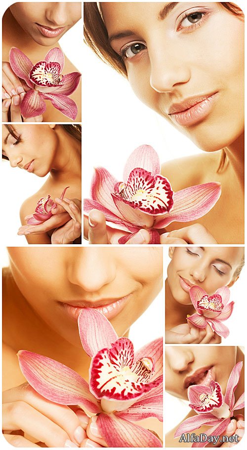 ������� � �������� �������� / Girl with beautiful orchid - Stock photo