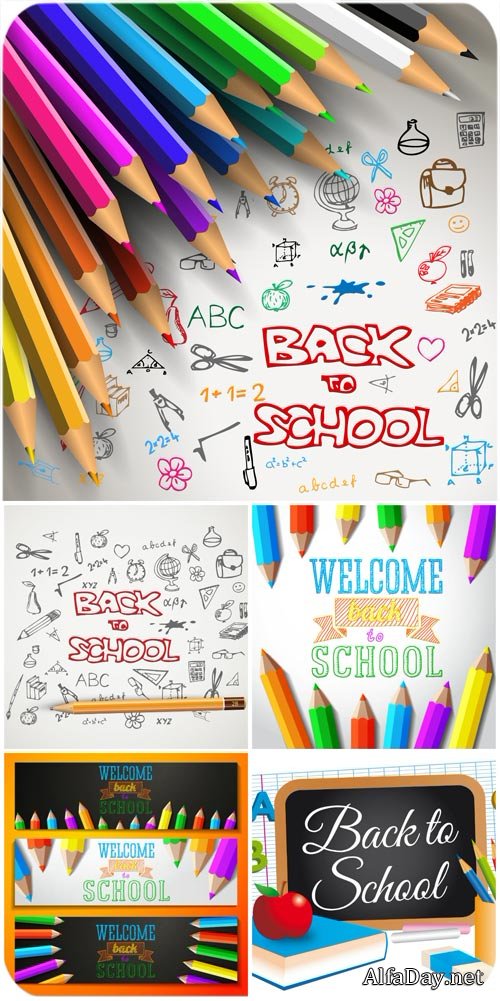 �������� ������, ���� � ������������� ����������� / School vector backgrounds with colored pencils