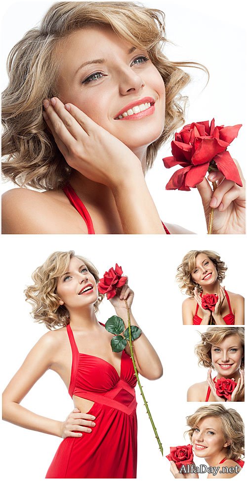 ������� � ������� ������ � ����� / Girl in a red dress with a rose - Stock Photo