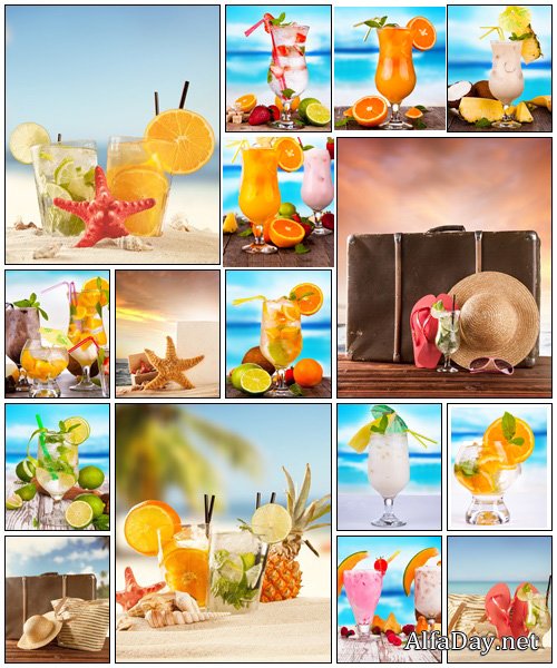 Summer beach with drinks and travel accessories - Stock Photo