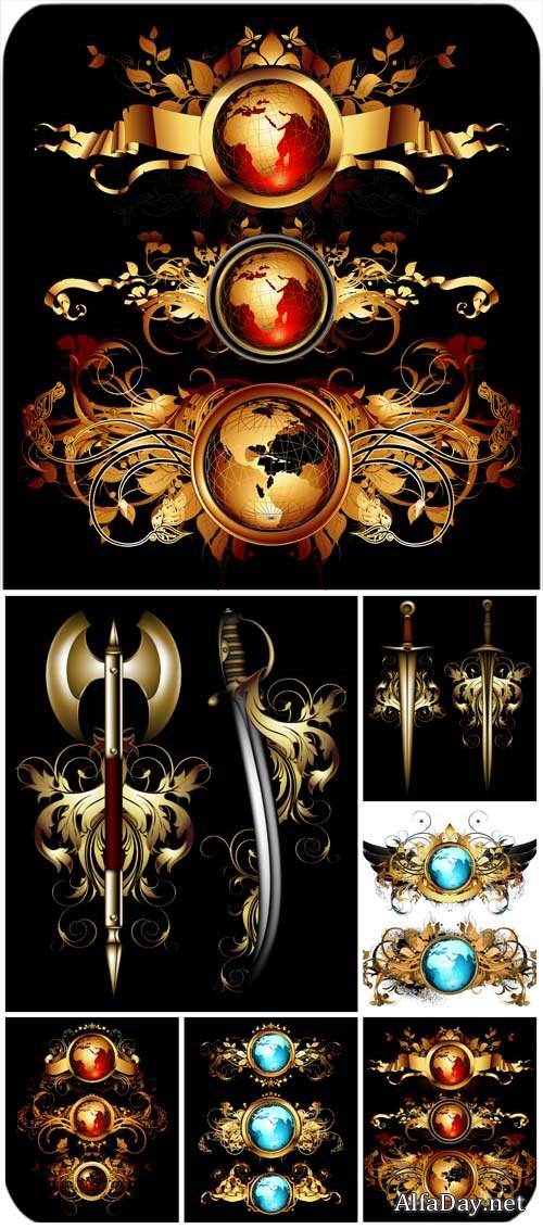 ��������� ������������ �������� � ������� / Vintage gold decorative elements vector
