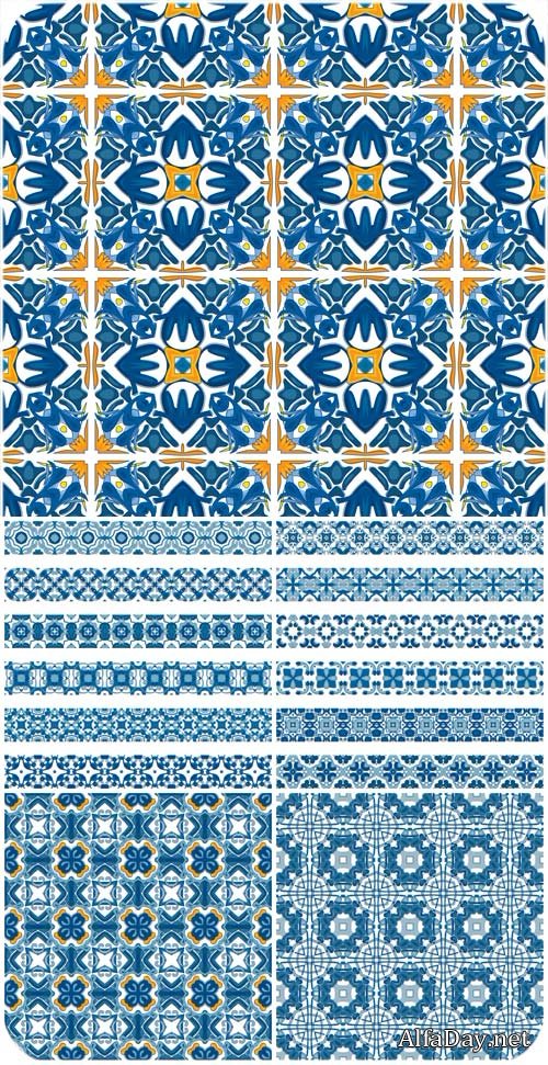 ����� �����, ������� � ������� / Blue patterns, borders vector