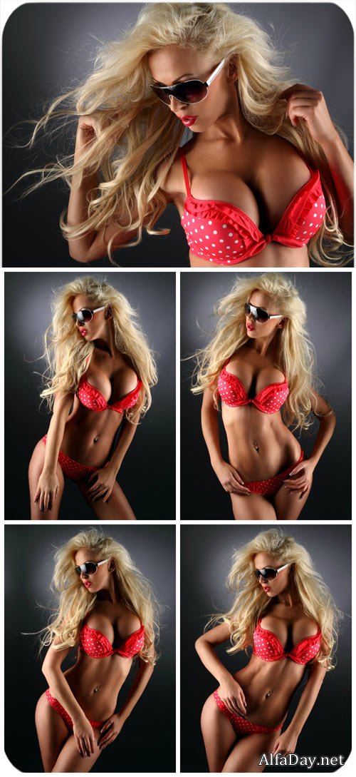 �������� �������, ������� ������ ����� / Beautiful girl, red lingerie - Stock Photo