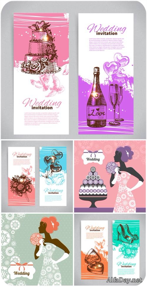 ��������� �����������, ������� � ���� � ������� / Wedding invitations, banners and backgrounds vector