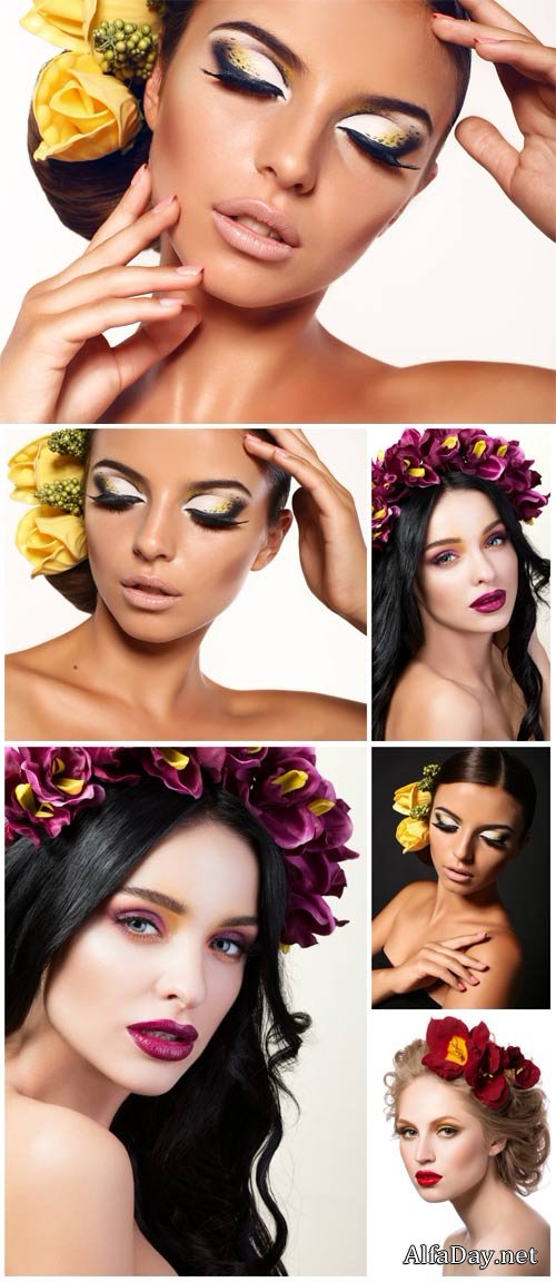 �������� ������� � ������� � ������� / Beautiful woman with flowers in her hair - Stock Photo