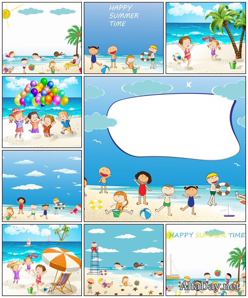 Children at  the summer beach - vector stock