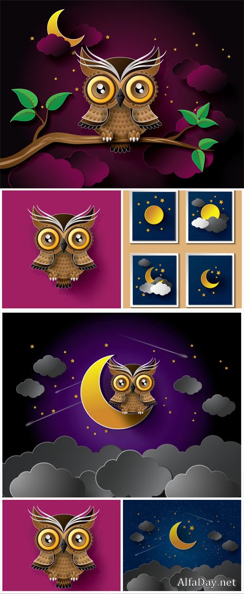 ����, ������ ���� � ������� / Owl, night sky vector