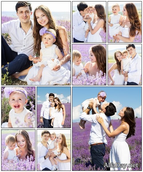Happy family in the lavander field - Stock Photo