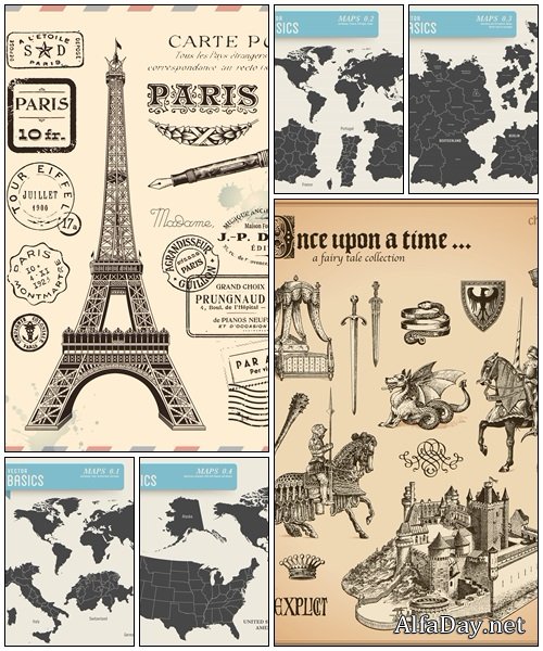 Worldmap and steampunk design elements - vector stock