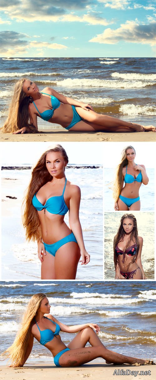 ������� � �������� �������� �� ������ ���� / Girl with long hair on the beach - Stock Photo