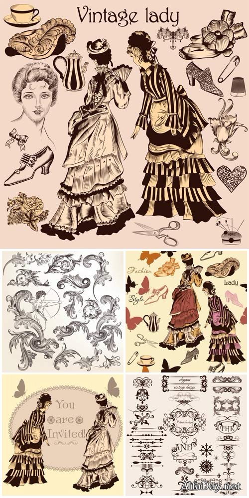 ��������� ����, ������������ �������� � ������� / Vintage lady, design elements vector