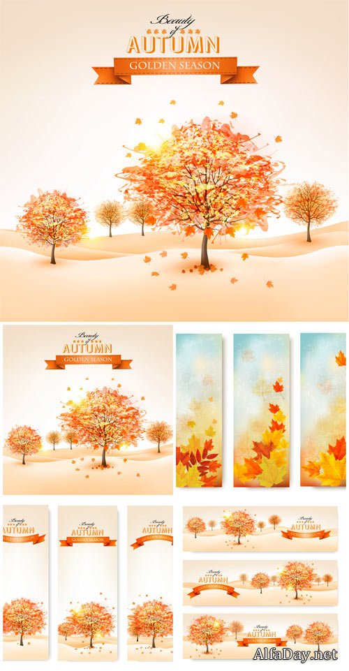 ������� ����, ������� � ��������� � ������� / Autumn backgrounds, banners with trees vector