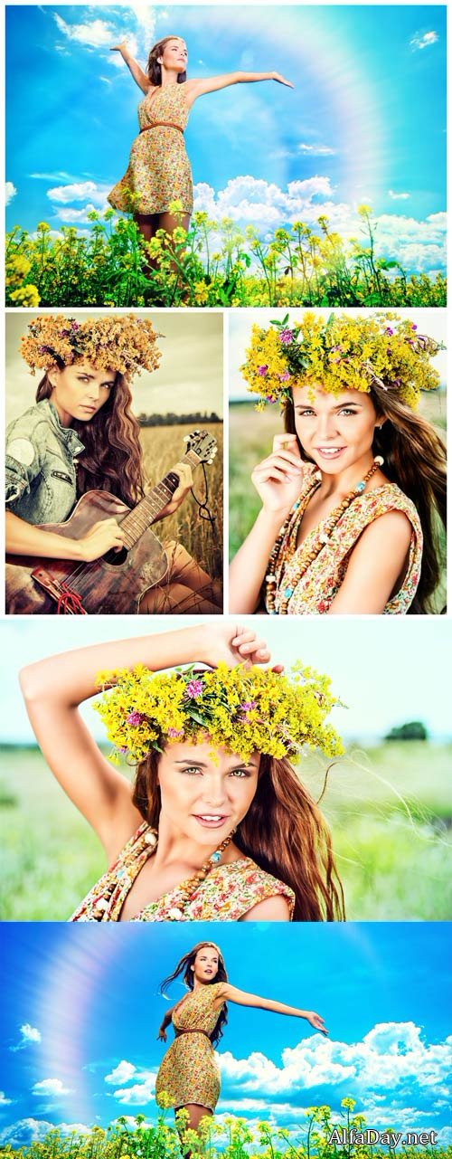 ������� � ��������� ����� �� ������� / Girl in a flower wreath on the nature - Stock Photo