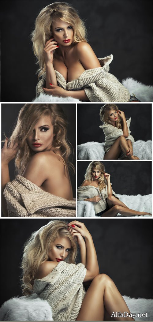 Girl in the fur bedspread - stock photos
