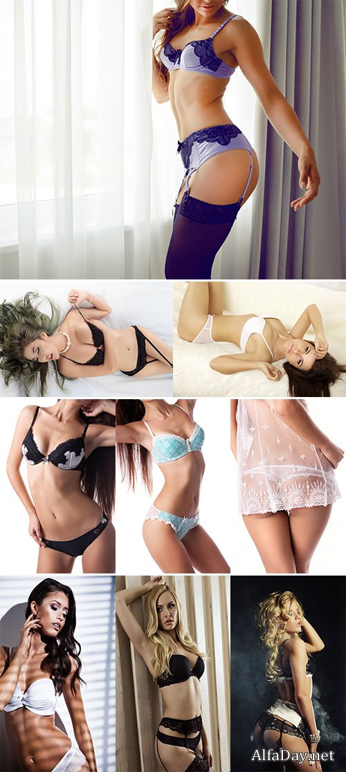 Stock Photo: Beauty slim sexy and attractive sensuality young adult brunette woman in white lingerie