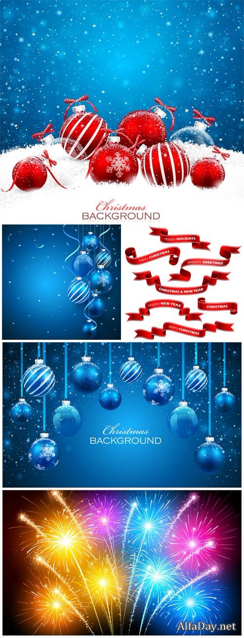 Christmas vector fireworks, red ribbon