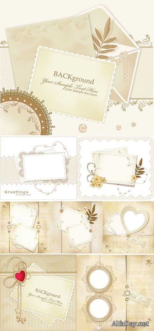 Stock: Congratulation vector retro background with lace, envelopes, leaf, pearls