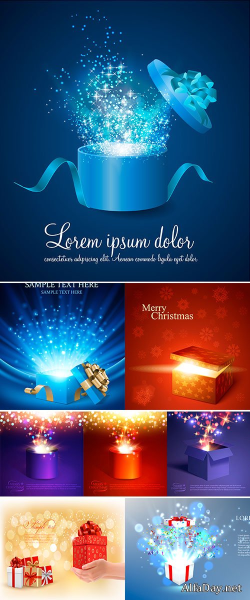 Stock Vector Open gift box and magic light fireworks, Christmas vector background