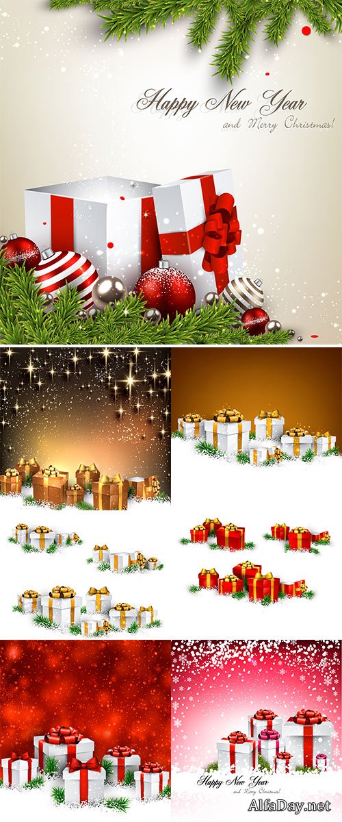 Stock Vector Abstract christmas background with fir branches and realistic gift boxes, Vector illustration