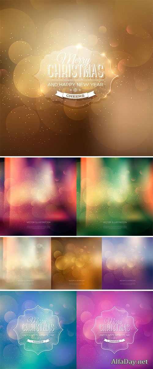 Stock Vector christmas greeting card, retro label over a blue blurred unfocused photographic background