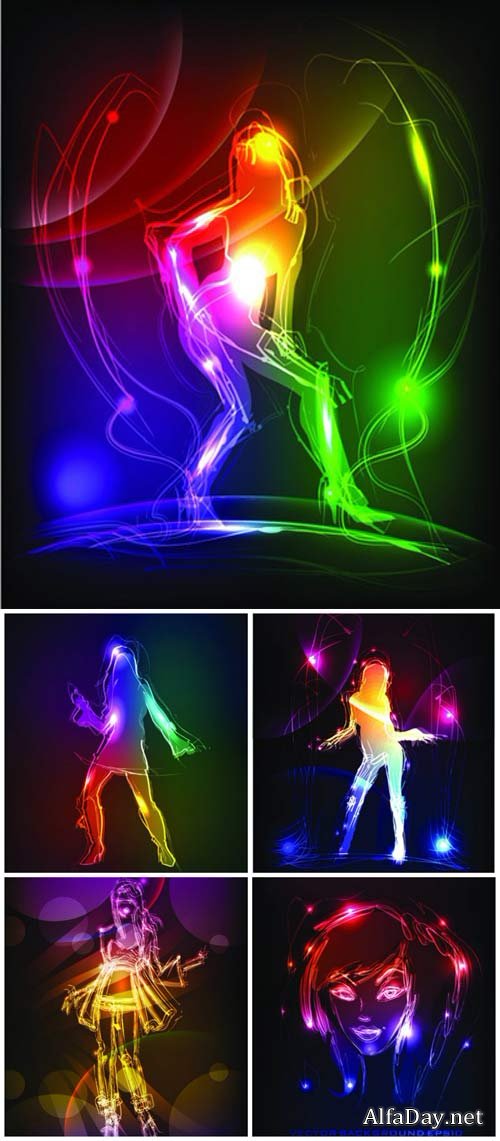 Neon vector background with dancing girl
