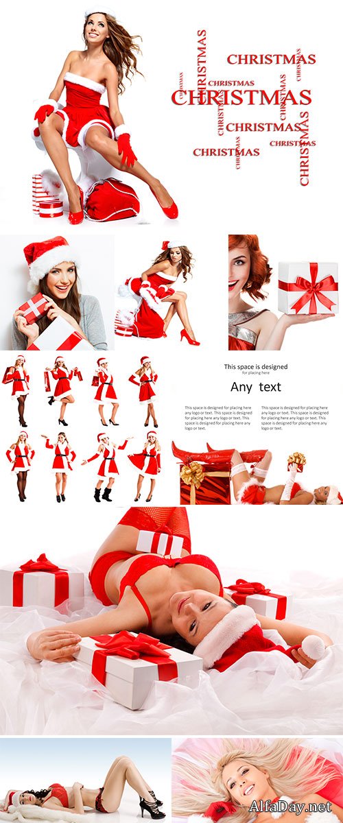 Stock Photo Beautiful girl wearing santa claus clothes with christmas gift