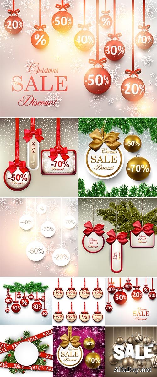 Stock Christmas sale illustration with fir twigs and colorful balls, Vector background