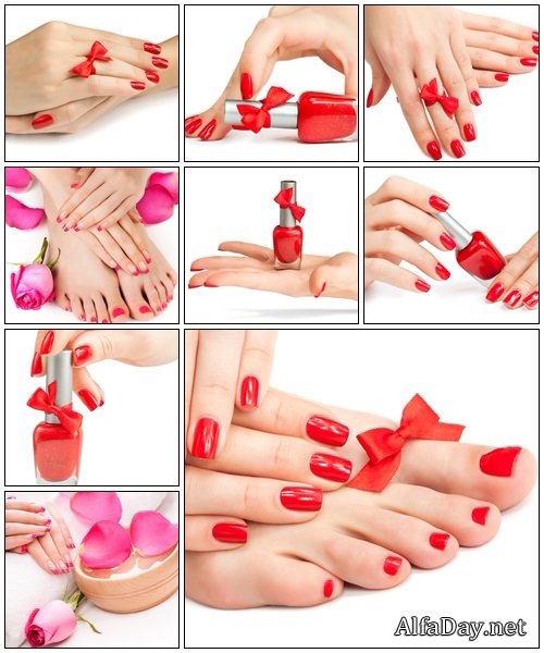 Woman's hand with a bottle of red nail polish - Stock Photo