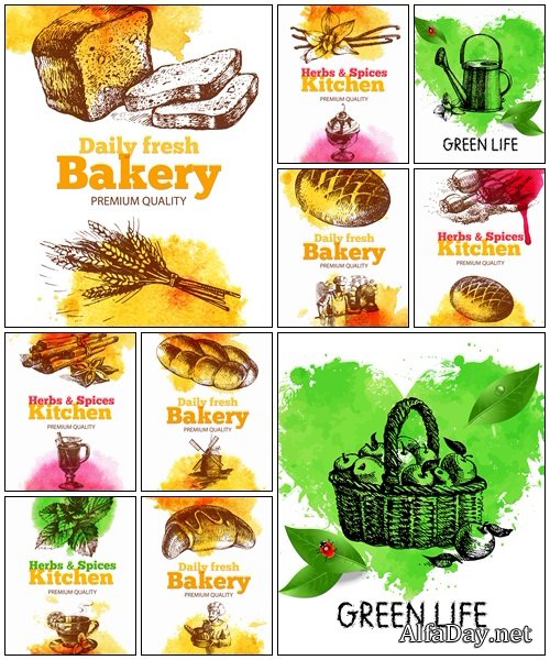 Vintage background with hand drawn food elements - vector stock