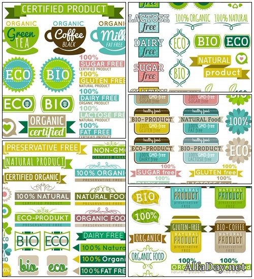 Set of natural organic product labels and emblems - vector background
