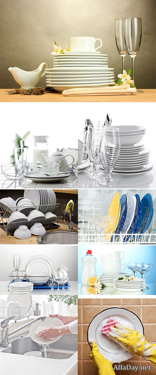 Stock Photo Clean dishes on stand isolated on white