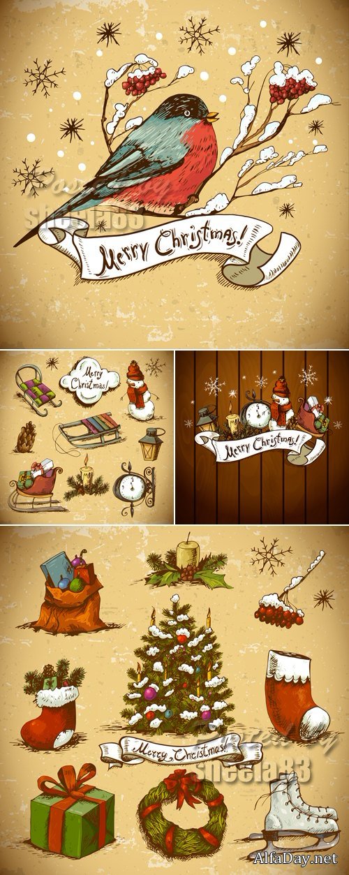 Vintage Grunge Christmas Elements Vector