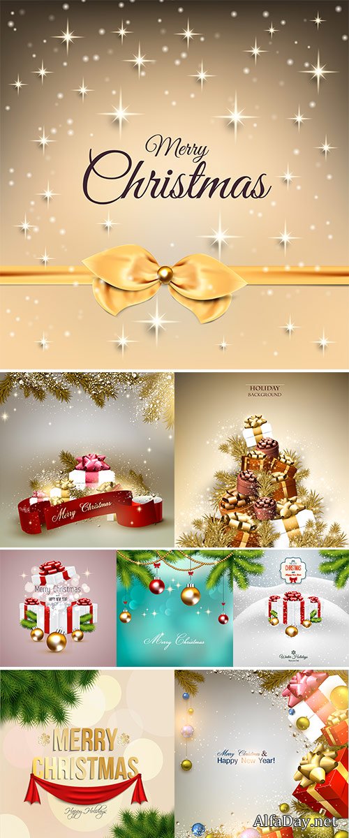 Stock Christmas background vector with fir twigs and gift boxes