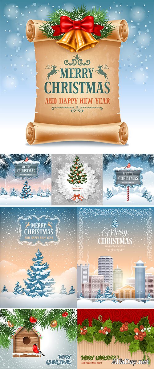 Stock Christmas greeting card with the non-urban landscape and snowfall