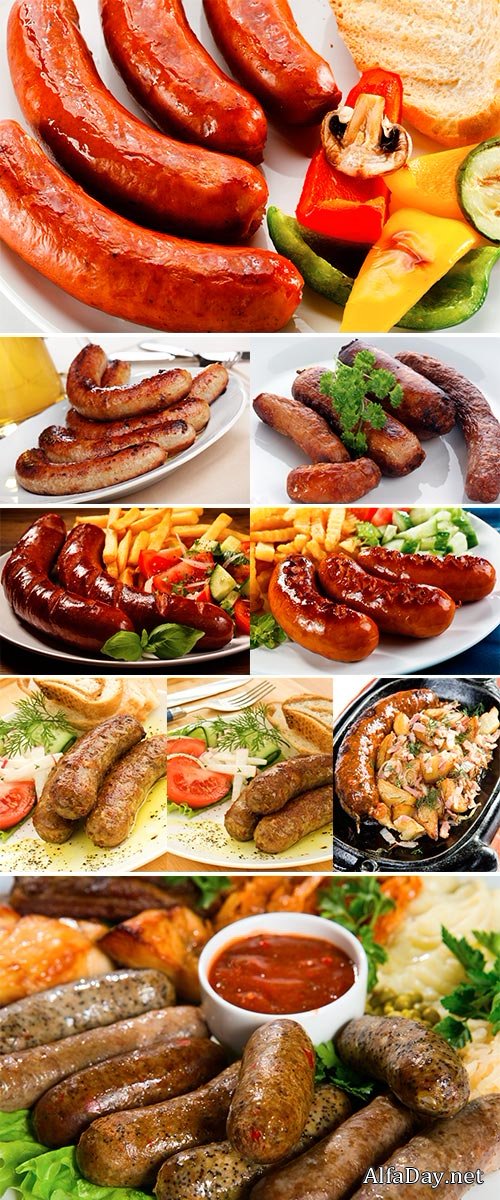 Stock Photo - Dinner plate with grilled sausages, vegetables and bread