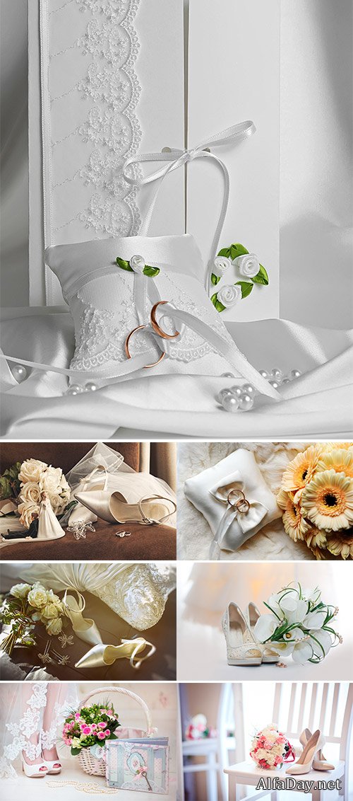 Stock Photo Wedding accessories, Wedding shoes and bouquet on a white chair