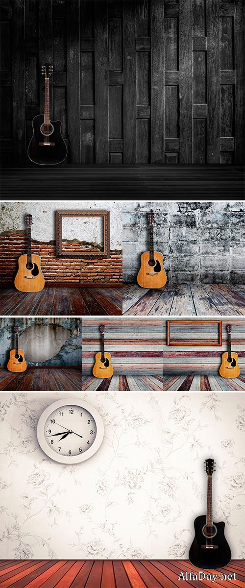 Stock Photo Guitar and picture frame in vintage wood room